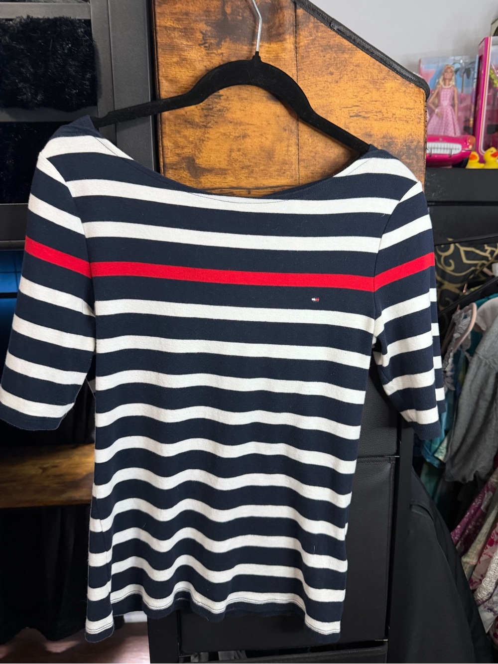 Tommy Hilfiger Navy & White Striped Boatneck Top with Red Accent